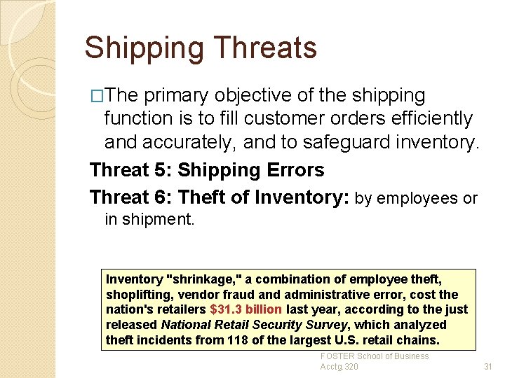 Shipping Threats �The primary objective of the shipping function is to fill customer orders