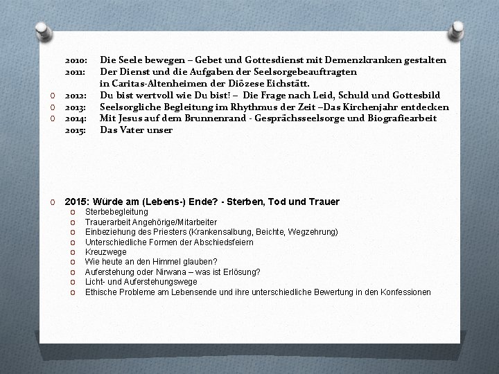 2010: 2011: Die Seele bewegen – Gebet und Gottesdienst mit Demenzkranken gestalten Der Dienst