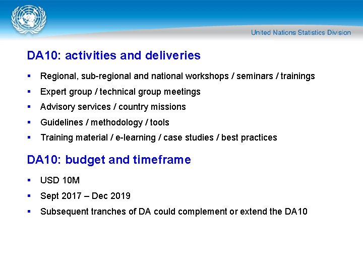 DA 10: activities and deliveries § Regional, sub-regional and national workshops / seminars /