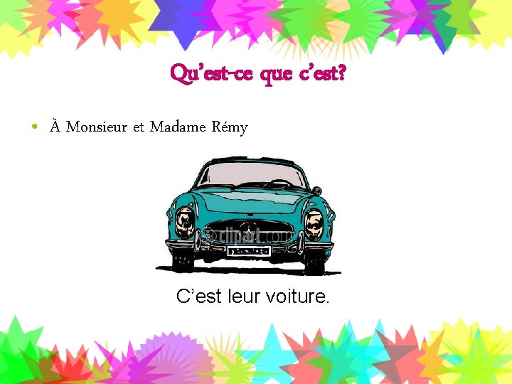 Qu’est-ce que c’est? • À Monsieur et Madame Rémy C’est leur voiture. 