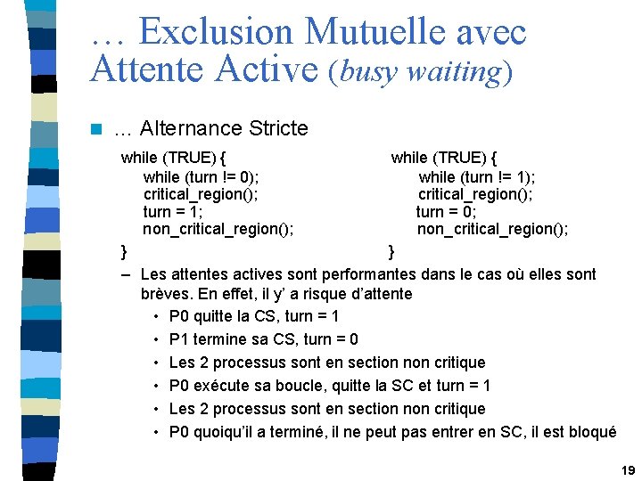 … Exclusion Mutuelle avec Attente Active (busy waiting) n … Alternance Stricte while (TRUE)