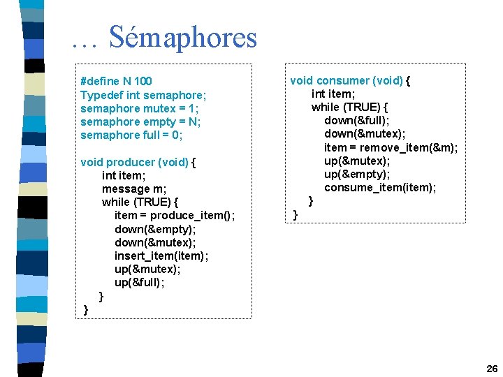 … Sémaphores #define N 100 Typedef int semaphore; semaphore mutex = 1; semaphore empty