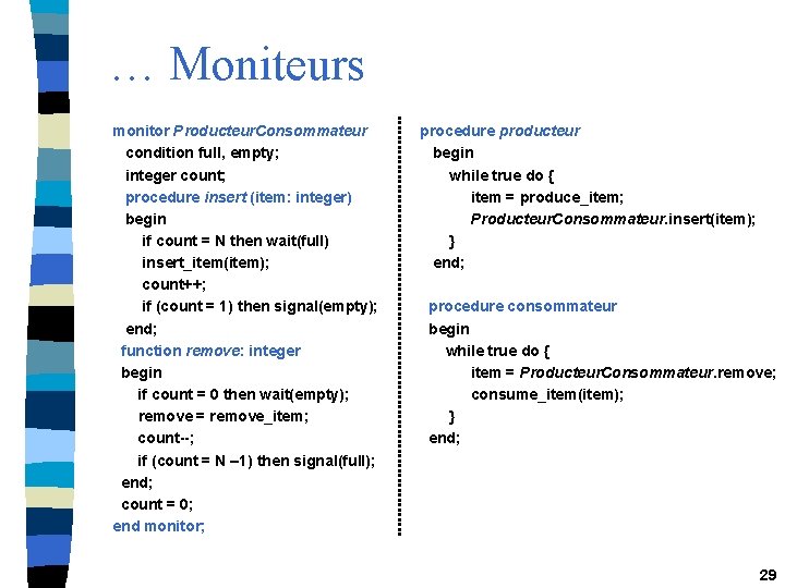 … Moniteurs monitor Producteur. Consommateur condition full, empty; integer count; procedure insert (item: integer)