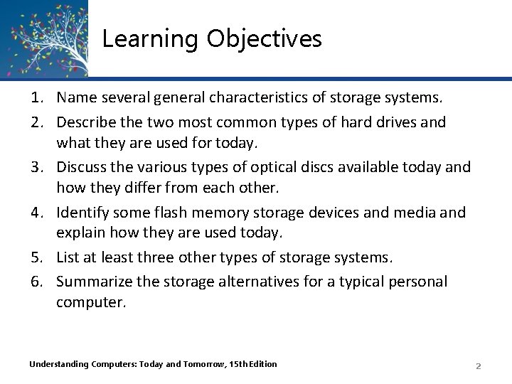 Learning Objectives 1. Name several general characteristics of storage systems. 2. Describe the two