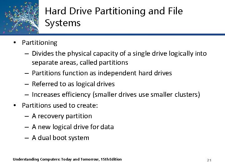 Hard Drive Partitioning and File Systems • Partitioning – Divides the physical capacity of