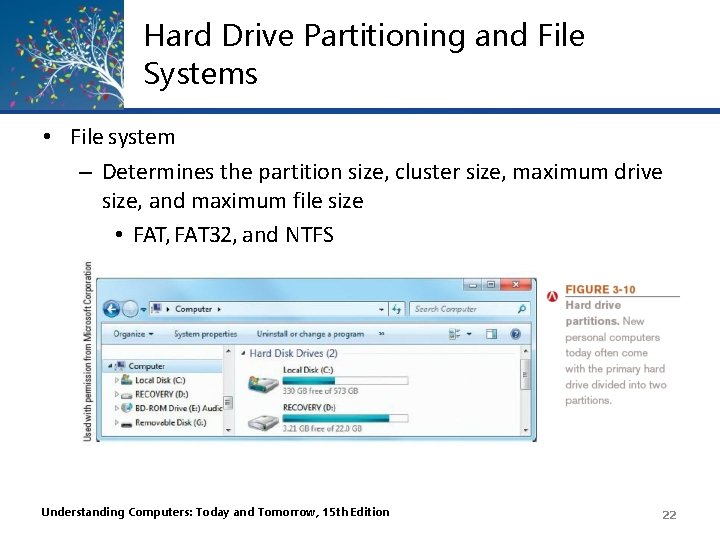 Hard Drive Partitioning and File Systems • File system – Determines the partition size,