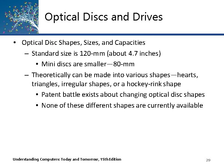 Optical Discs and Drives • Optical Disc Shapes, Sizes, and Capacities – Standard size