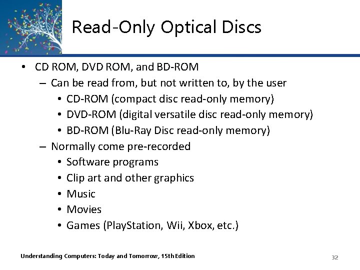 Read-Only Optical Discs • CD ROM, DVD ROM, and BD-ROM – Can be read