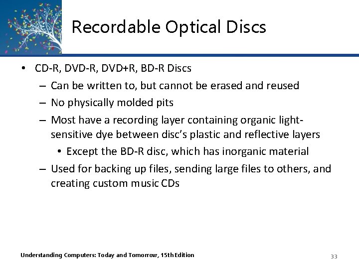Recordable Optical Discs • CD-R, DVD+R, BD-R Discs – Can be written to, but