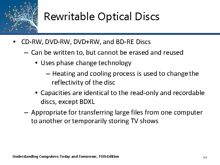 Rewritable Optical Discs • CD-RW, DVD+RW, and BD-RE Discs – Can be written to,