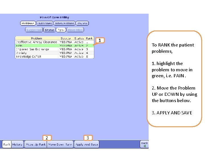 1 To RANK the patient problems, 1. highlight the problem to move in green,