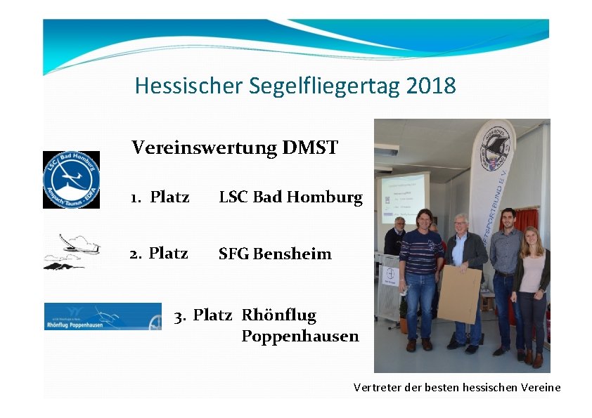 Hessischer Segelfliegertag 2018 Vereinswertung DMST 1. Platz LSC Bad Homburg 2. Platz SFG Bensheim Hessischer Segelfliegertag 2018 Vereinswertung DMST 1. Platz LSC Bad Homburg 2. Platz SFG Bensheim