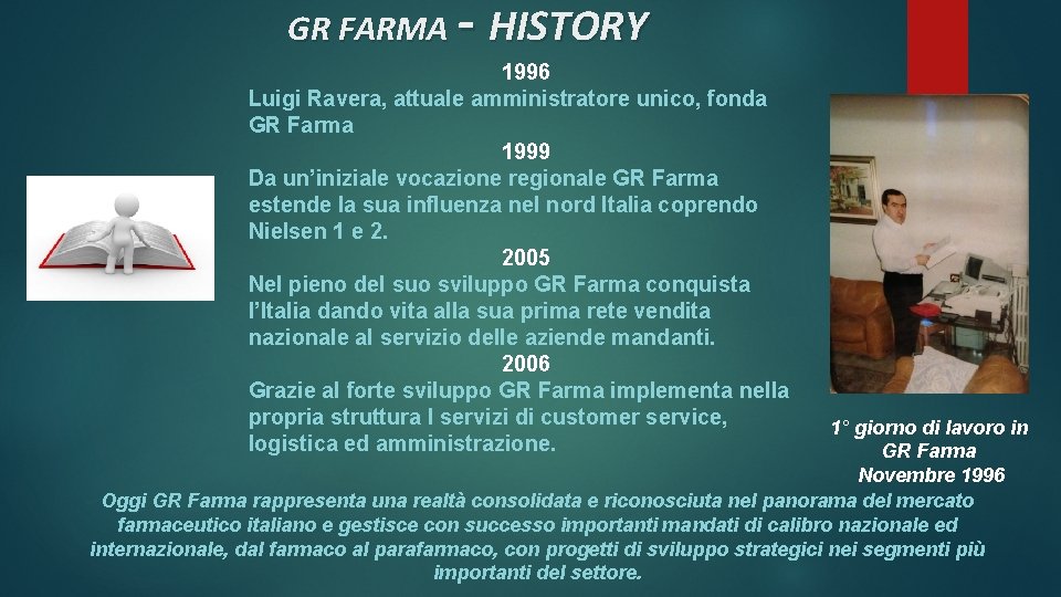 GR FARMA - HISTORY 1996 Luigi Ravera, attuale amministratore unico, fonda GR Farma 1999