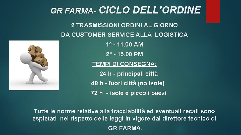 GR FARMA- CICLO DELL’ORDINE 2 TRASMISSIONI ORDINI AL GIORNO DA CUSTOMER SERVICE ALLA LOGISTICA