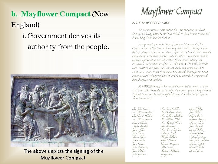 b. Mayflower Compact (New England) i. Government derives its authority from the people. The