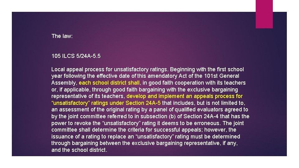 The law: 105 ILCS 5/24 A-5. 5 Local appeal process for unsatisfactory ratings. Beginning The law: 105 ILCS 5/24 A-5. 5 Local appeal process for unsatisfactory ratings. Beginning