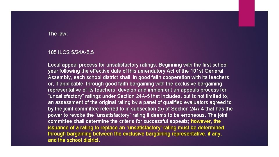 The law: 105 ILCS 5/24 A-5. 5 Local appeal process for unsatisfactory ratings. Beginning The law: 105 ILCS 5/24 A-5. 5 Local appeal process for unsatisfactory ratings. Beginning