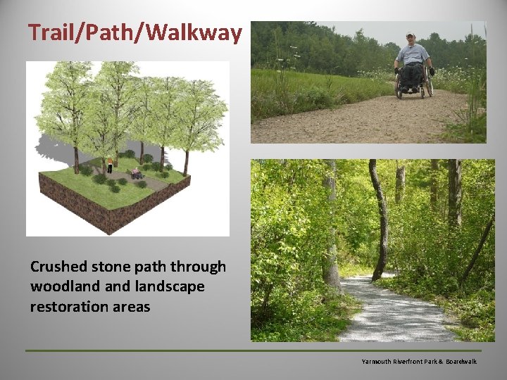 Trail/Path/Walkway Crushed stone path through woodlandscape restoration areas Yarmouth Riverfront Park & Boardwalk 