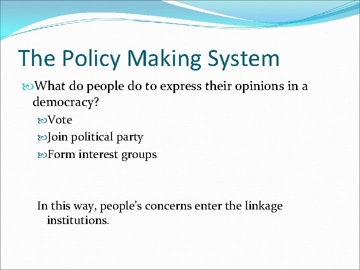 The Policy Making System What do people do to express their opinions in a