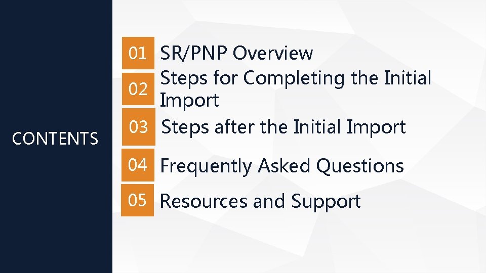 01 SR/PNP Overview CONTENTS Steps for Completing the Initial 02 Import 03 Steps after 01 SR/PNP Overview CONTENTS Steps for Completing the Initial 02 Import 03 Steps after