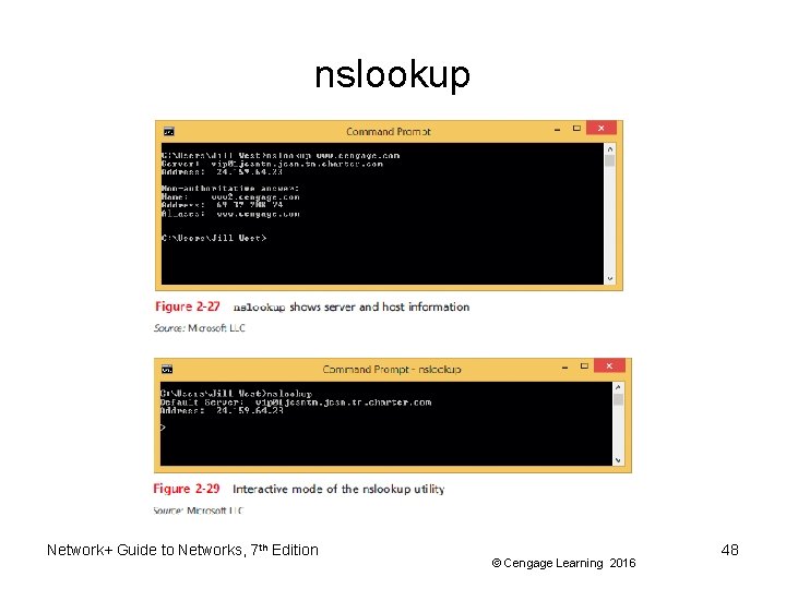 nslookup Network+ Guide to Networks, 7 th Edition © Cengage Learning 2016 48 