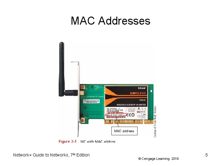 MAC Addresses Network+ Guide to Networks, 7 th Edition © Cengage Learning 2016 5