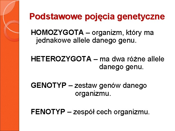 Podstawowe pojęcia genetyczne HOMOZYGOTA – organizm, który ma jednakowe allele danego genu. HETEROZYGOTA –