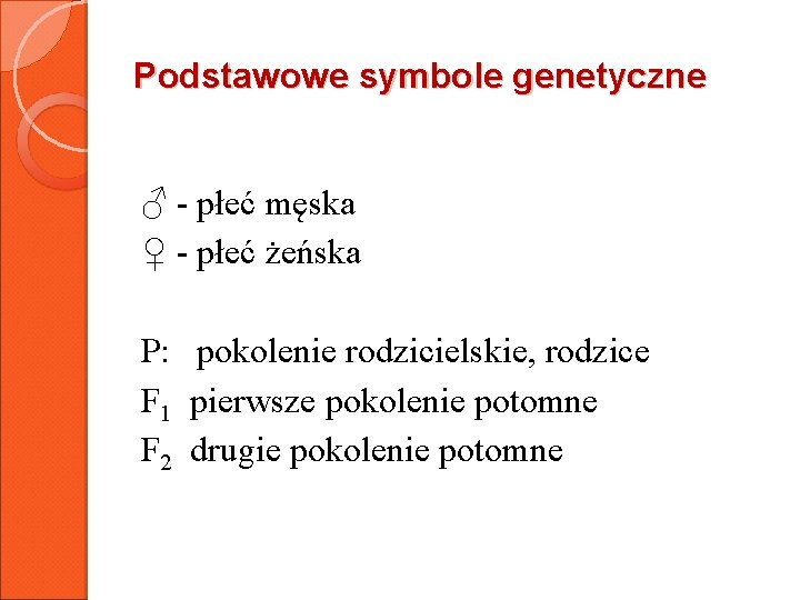 Podstawowe symbole genetyczne ♂ - płeć męska ♀ - płeć żeńska P: pokolenie rodzicielskie,