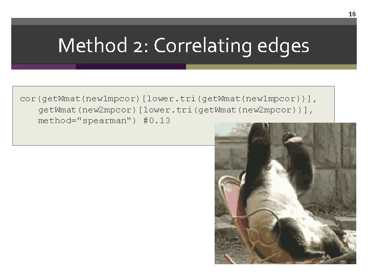 16 Method 2: Correlating edges cor(get. Wmat(new 1 mpcor)[lower. tri(get. Wmat(new 1 mpcor))], get.