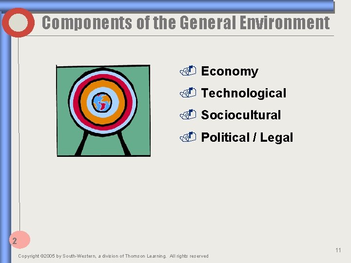 Components of the General Environment. Economy. Technological. Sociocultural. Political / Legal 2 Copyright ©