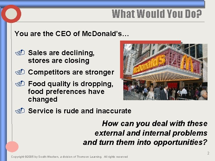 What Would You Do? You are the CEO of Mc. Donald’s… . Sales are