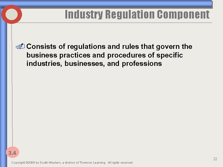 Industry Regulation Component. Consists of regulations and rules that govern the business practices and