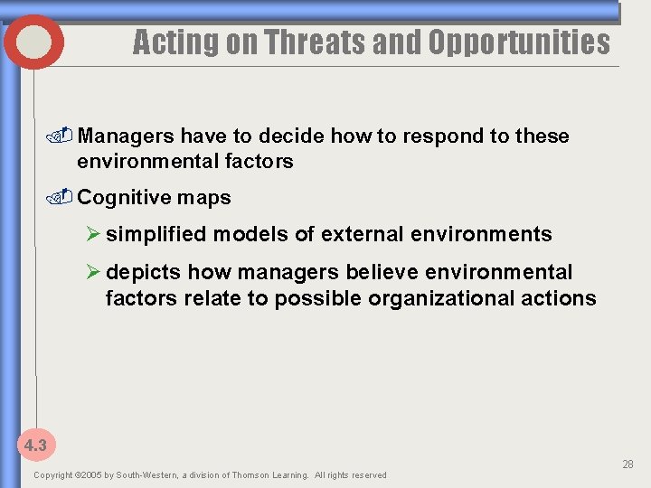 Acting on Threats and Opportunities. Managers have to decide how to respond to these