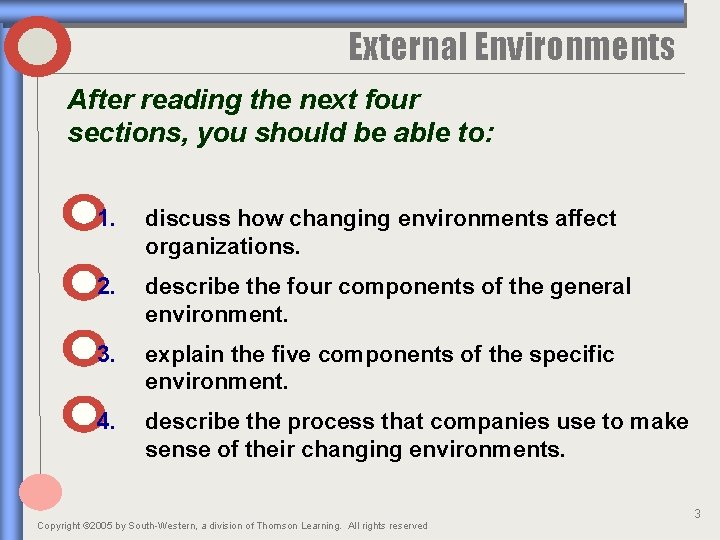 External Environments After reading the next four sections, you should be able to: 1.