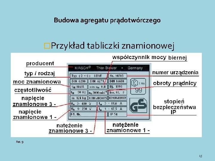 Budowa agregatu prądotwórczego �Przykład tabliczki znamionowej Fot. 9 15 Budowa agregatu prądotwórczego �Przykład tabliczki znamionowej Fot. 9 15