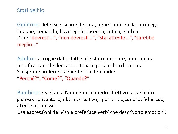 Stati dell’Io Genitore: definisce, si prende cura, pone limiti, guida, protegge, impone, comanda, fissa