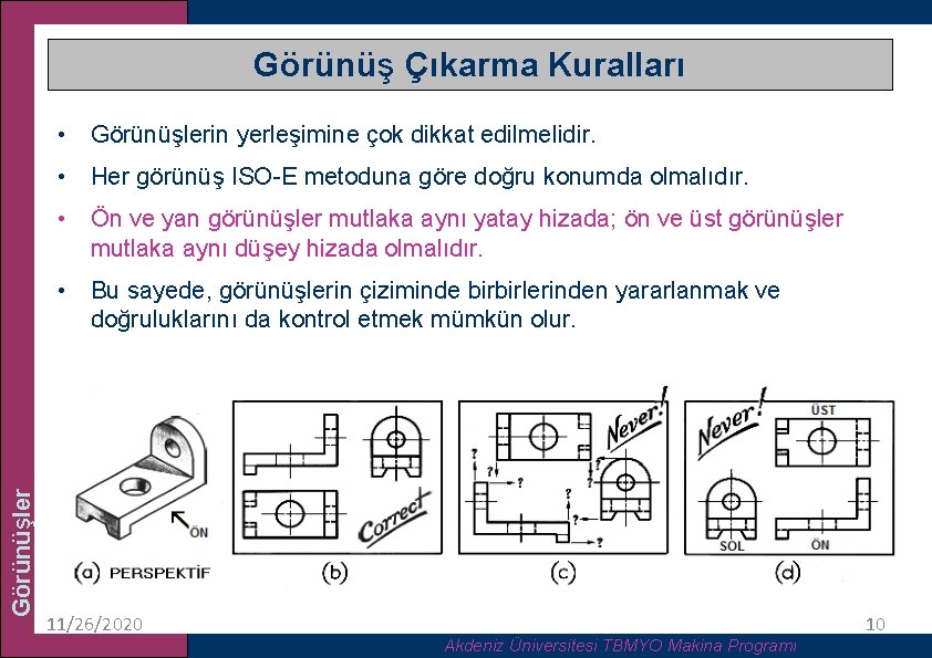 Görünüş Çıkarma Kuralları • Görünüşlerin yerleşimine çok dikkat edilmelidir. • Her görünüş ISO-E metoduna