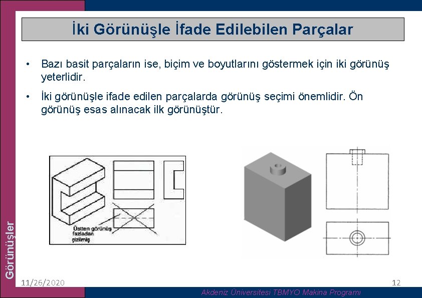 İki Görünüşle İfade Edilebilen Parçalar • Bazı basit parçaların ise, biçim ve boyutlarını göstermek