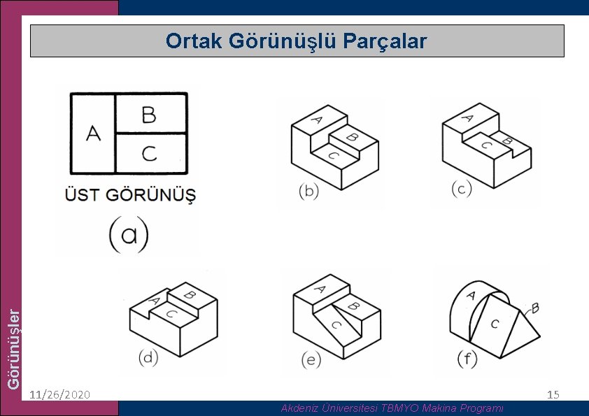 Görünüşler Ortak Görünüşlü Parçalar 11/26/2020 Akdeniz Üniversitesi TBMYO Makina Programı 15 