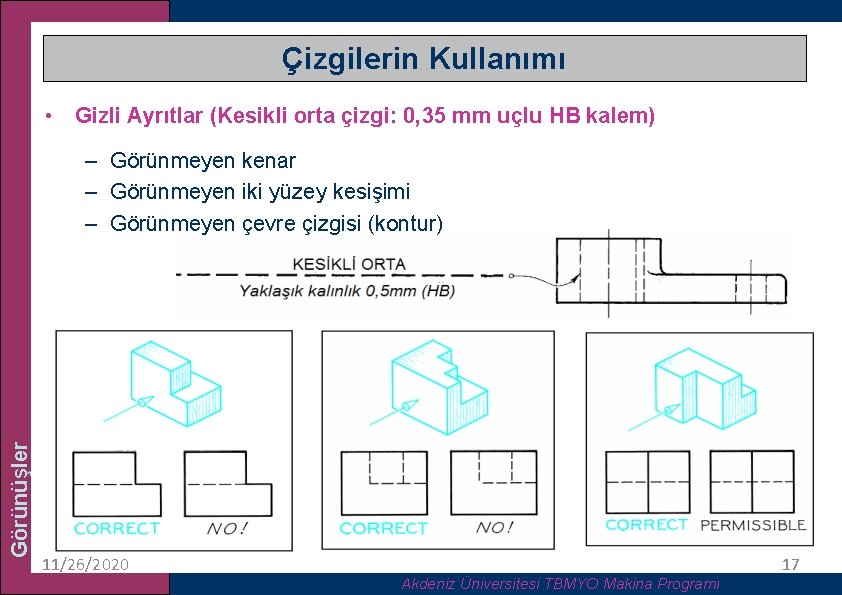 Çizgilerin Kullanımı • Gizli Ayrıtlar (Kesikli orta çizgi: 0, 35 mm uçlu HB kalem)