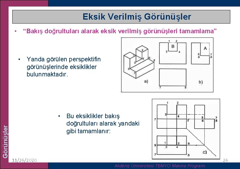 Eksik Verilmiş Görünüşler • “Bakış doğrultuları alarak eksik verilmiş görünüşleri tamamlama” Görünüşler • Yanda