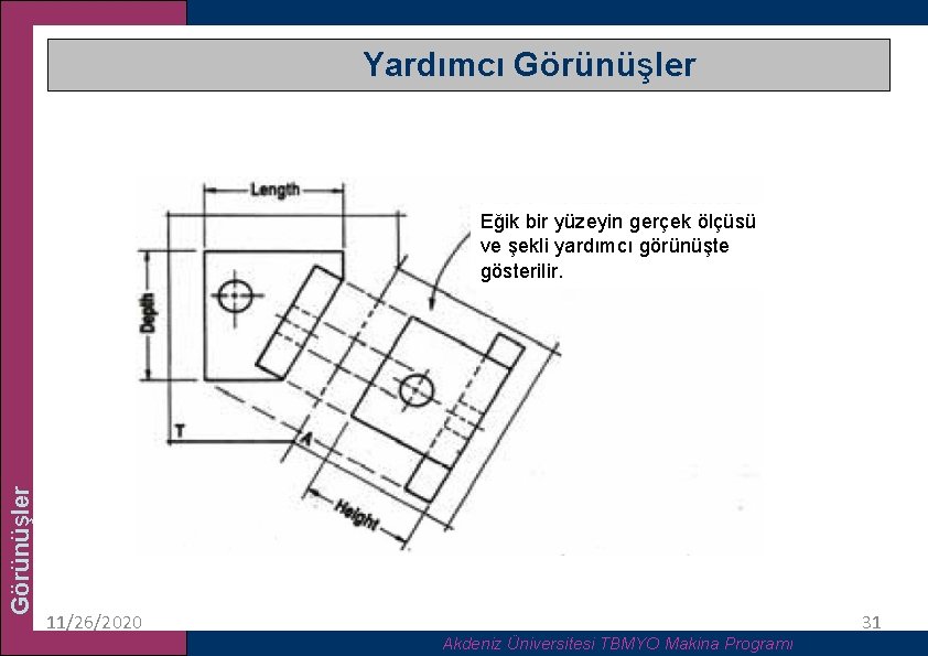 Yardımcı Görünüşler Eğik bir yüzeyin gerçek ölçüsü ve şekli yardımcı görünüşte gösterilir. 11/26/2020 Akdeniz
