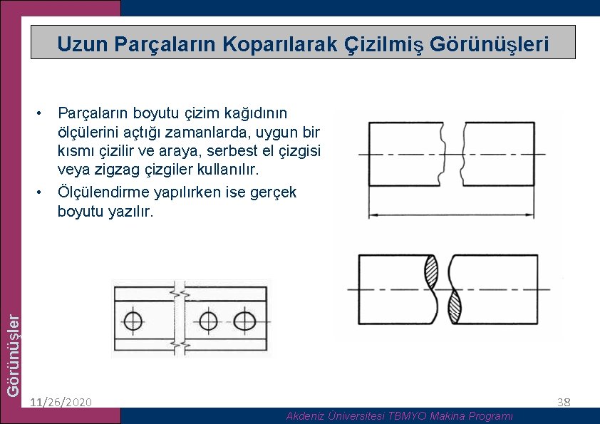 Uzun Parçaların Koparılarak Çizilmiş Görünüşleri Görünüşler • Parçaların boyutu çizim kağıdının ölçülerini açtığı zamanlarda,