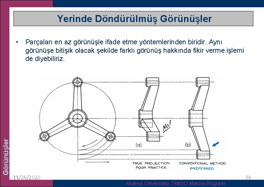Yerinde Döndürülmüş Görünüşler • Parçaları en az görünüşle ifade etme yöntemlerinden biridir. Aynı görünüşe