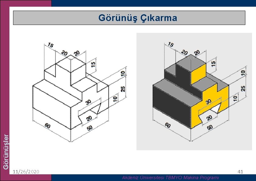 Görünüşler Görünüş Çıkarma 11/26/2020 Akdeniz Üniversitesi TBMYO Makina Programı 41 