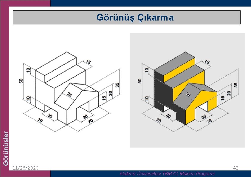 Görünüşler Görünüş Çıkarma 11/26/2020 Akdeniz Üniversitesi TBMYO Makina Programı 42 