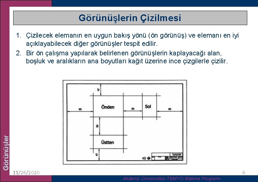 Görünüşlerin Çizilmesi Görünüşler 1. Çizilecek elemanın en uygun bakış yönü (ön görünüş) ve elemanı