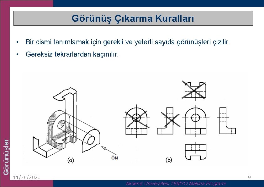 Görünüş Çıkarma Kuralları • Bir cismi tanımlamak için gerekli ve yeterli sayıda görünüşleri çizilir.