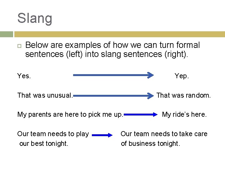Slang Below are examples of how we can turn formal sentences (left) into slang