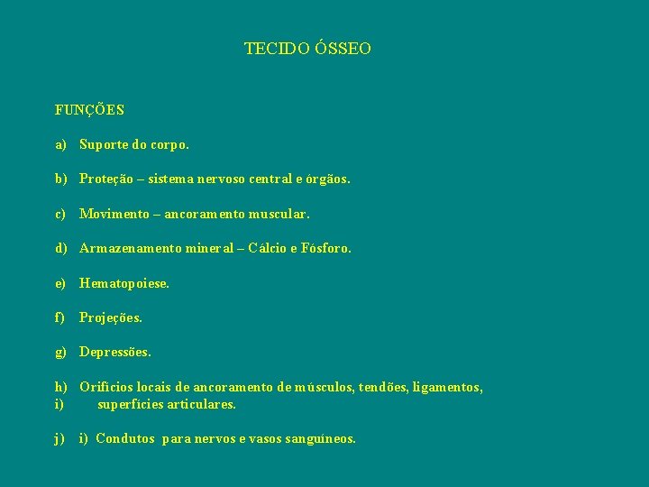 TECIDO ÓSSEO FUNÇÕES a) Suporte do corpo. b) Proteção – sistema nervoso central e